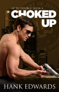 Choked Up book cover showing a shirtless man holding a gun pointed down and to the right in front of a backdrop of the Detroit skyline