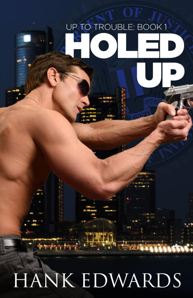 Holed Up book cover showing a shirtless man holding a gun pointed to the right in front of a backdrop of the city of Detroit