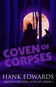Coven of Corpses cover art - purple text with title and full moon rising behind trees with a hooded figure in front